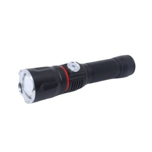 Black rechargeable COB flashlight with dual beams, textured grip, silver lens rim, and round side power button.