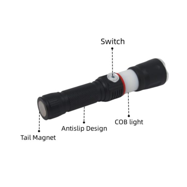 Black Dual-Beam Mini Lantern shown on white, features tail magnet, antislip grip, switch, and COB light.
