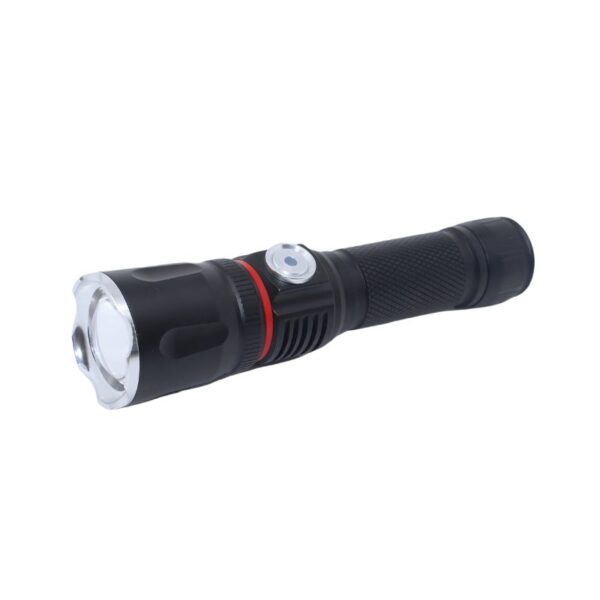 Black rechargeable COB flashlight with dual beams, textured grip, silver lens rim, and round side power button.