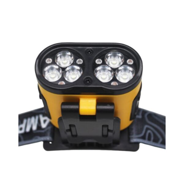Close-up of yellow and black 272Lm headlamp with six LEDs, adjustable strap, motion sensor. Bulk/wholesale available.
