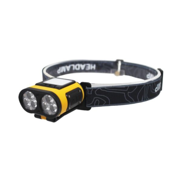 Yellow and black LED headlamp with dual round lenses, patterned strap, 272Lm, rechargeable, and motion sensor.