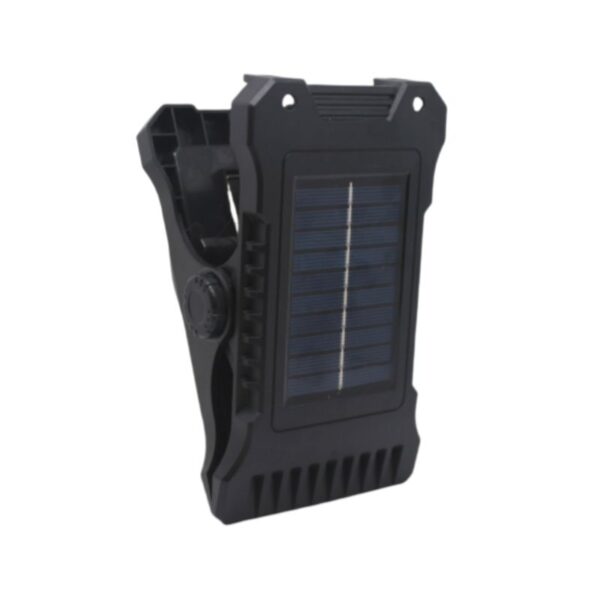 Black, portable clip-on solar LED motion light with front solar panel and large clamp for easy outdoor use.