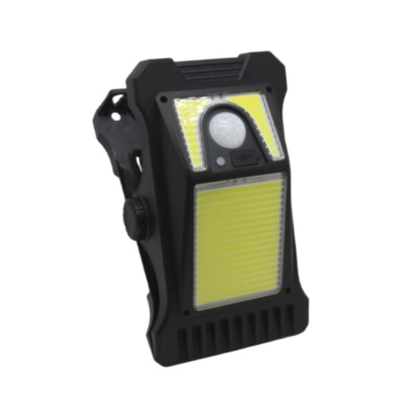 Black rectangular solar LED motion light with yellow panel, motion sensor, and adjustable clip for outdoor mounting.