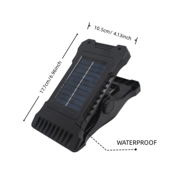 Black, waterproof clip-on solar LED light, 17.7x10.5cm, top solar panel, adjustable base—ideal for outdoor use.