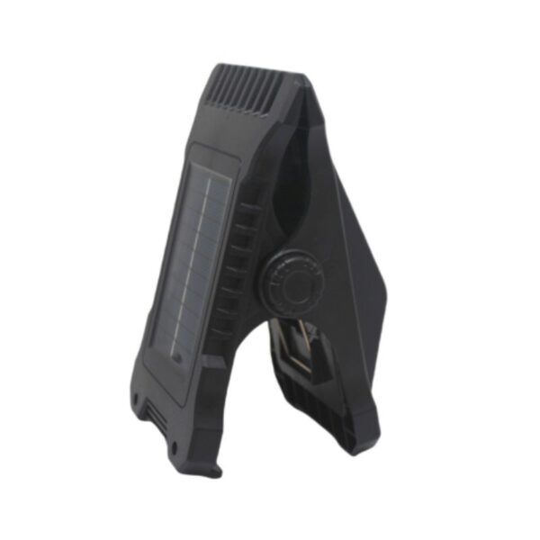 Black clip-on solar LED motion light with built-in panel and adjustable stand, shown in side view.