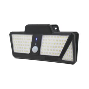 Solar Garden Lamp: black rectangular case, 360° SMD LEDs, motion sensor, and front indicator lights for outdoor spaces.
