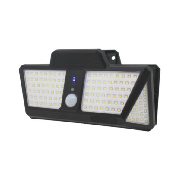 Solar Garden Lamp: black rectangular case, 360° SMD LEDs, motion sensor, and front indicator lights for outdoor spaces.