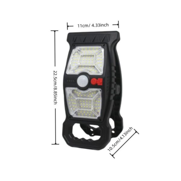 600LM black solar sensor garden light, rectangular with handle, white/red buttons; 22.5x11x10.5cm (8.85x4.33x4.13in).