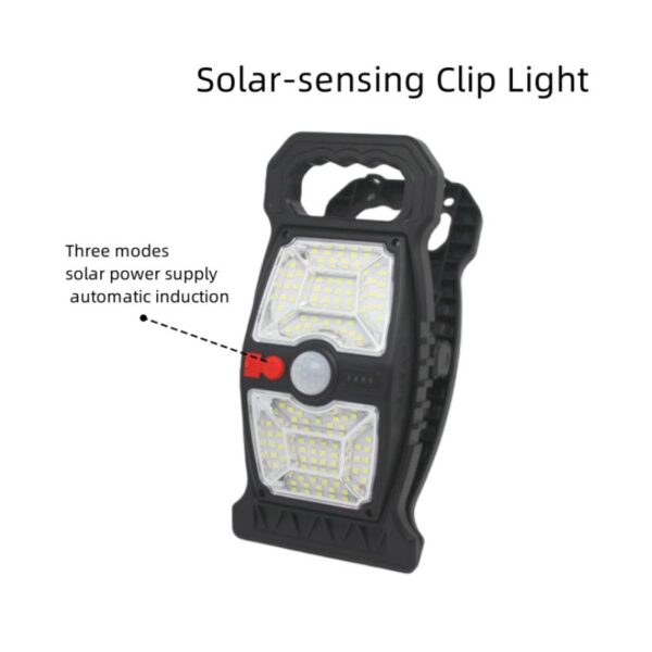 Black 600LM solar garden lights with LED panel, handle, and switch for 3 modes including automatic power induction.