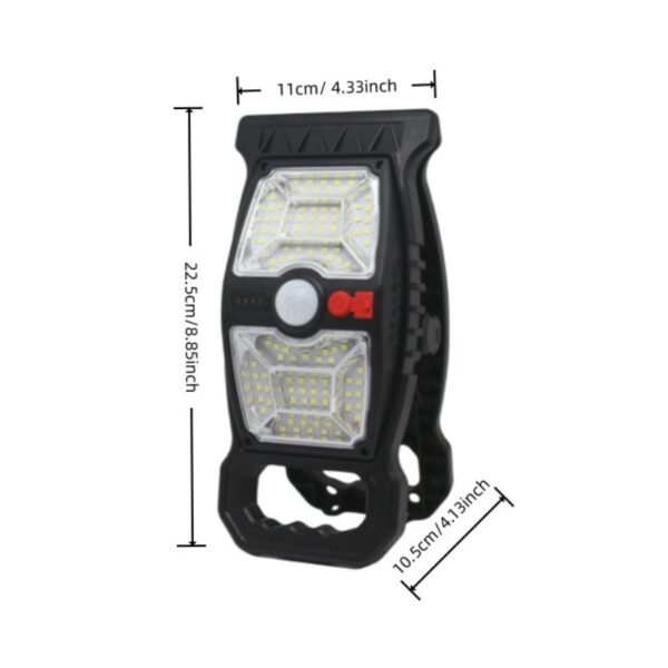 Ultralight solar garden light with handle, dual LEDs, buttons, sensor. 22.5x11x10.5cm shown with measurement lines.