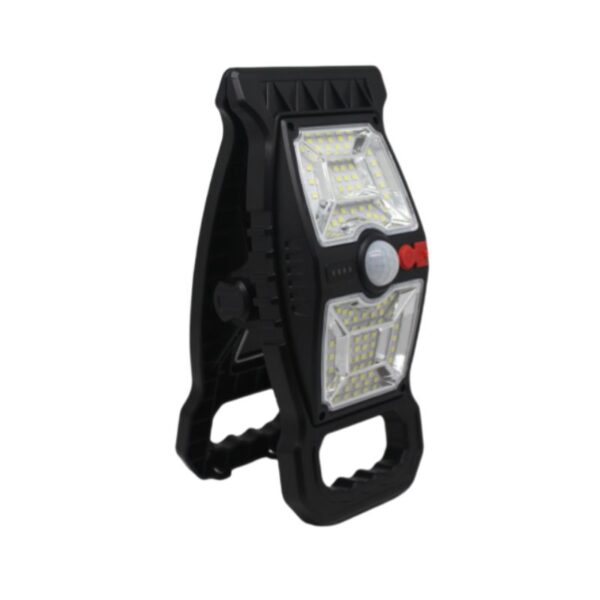 Ultralight 600LM solar clip light with black design, dual LEDs, handle, motion sensor, and a red side button.