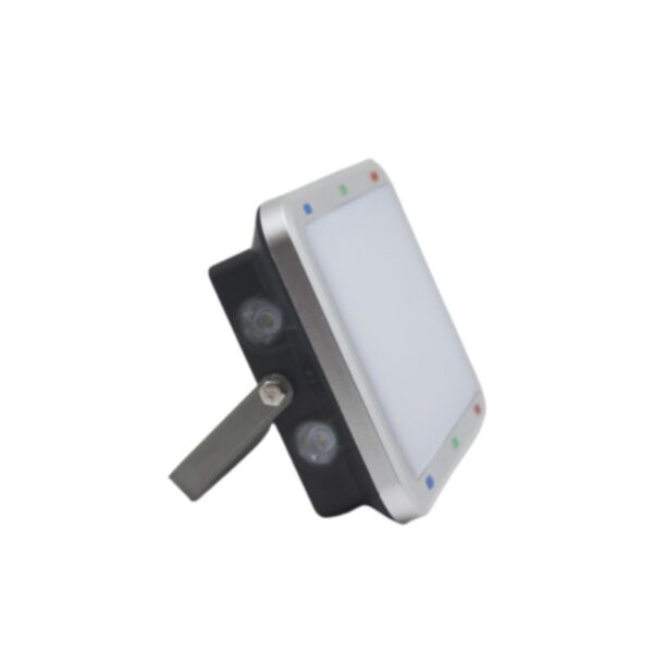 Side view of Portable Work Light: rectangular, metallic, with indicator lights and mounting bracket. Warm/White/RGB 500LM.