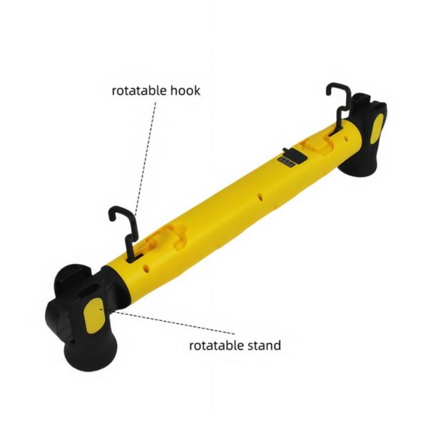 Rotatable hook and stand for adjustable, versatile safety tool in yellow and black for home and industrial use.
