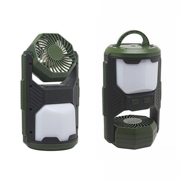 Portable outdoor fan and lantern combo, ideal for camping, hiking, and outdoor activities, with rechargeable battery and adjustable settings for comfortable airflow and lighting in any weather.