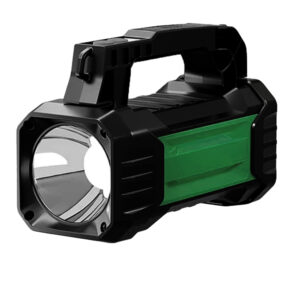 Bright handheld flashlight with a durable black and green design, ideal for camping, outdoor adventures, and emergency lighting. Compact, lightweight, and high-intensity LED illumination.