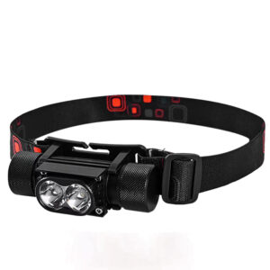 Bright LED headlamp with adjustable strap for outdoor activities, camping, hiking, running, and emergency use. Durable design offers reliable illumination in low-light conditions.