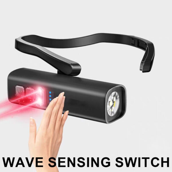 Wireless headlamp with wave sensing switch for hands-free operation, LED flashlight for outdoor activities, hiking, running, and camping, adjustable headband, durable rechargeable battery, lightweight design, ultra-bright illumination, versatile for nighttime adventures and work tasks.
