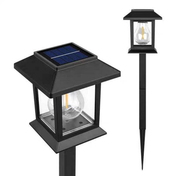 Solar-powered outdoor lantern with LED bulb and solar panel, ideal for garden pathways and patio lighting. Durable black metal frame with glass enclosure, energy-efficient and weather-resistant design.