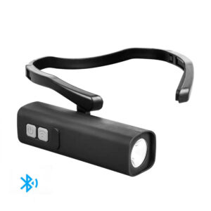 Adjustable LED headlamp with braided Bluetooth headband for hands-free lighting and outdoor activities. Lightweight, rechargeable, and perfect for camping, hiking, running, and emergency use.