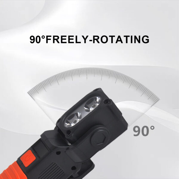 Wide-angle adjustable flashlight with 90-degree free rotation for versatile lighting. Ideal for outdoor, emergency, or worksite use, featuring durable design and bright LED illumination.