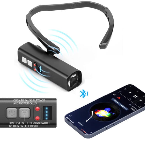 Bluetooth-enabled wearable neck fan and LED flashlight with remote control for hands-free cooling, portable design, and smartphone app connectivity for dynamic personal comfort.