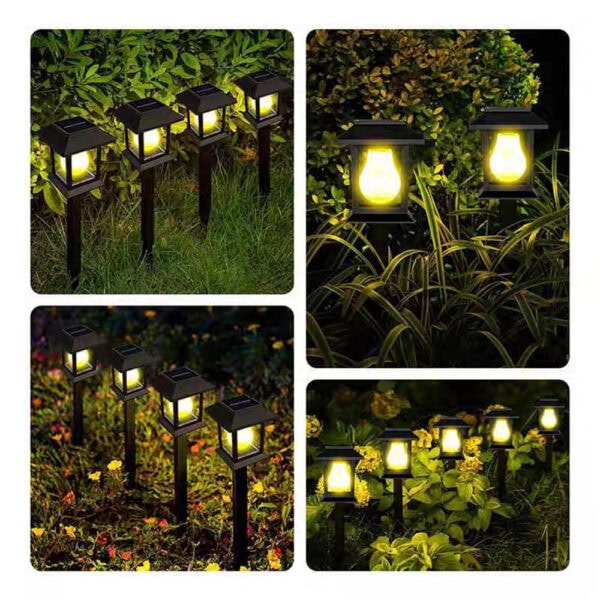 Solar garden pathway lights with black metal frames and warm white LED bulbs perfect for outdoor landscaping and garden illumination.