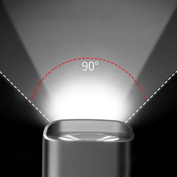 Bright LED flashlight projecting a wide 90-degree beam angle for optimal illumination. Perfect for outdoor, camping, or household use, showcasing innovative lighting technology.