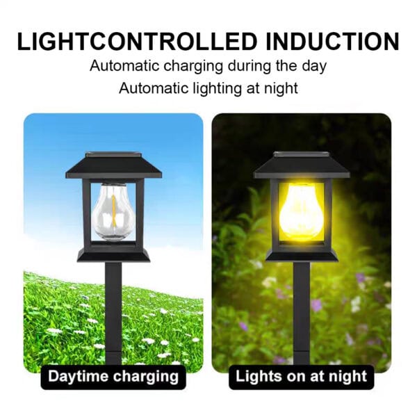LED outdoor garden lamp with automatic daylight charging and energy-efficient illumination for nighttime lighting.