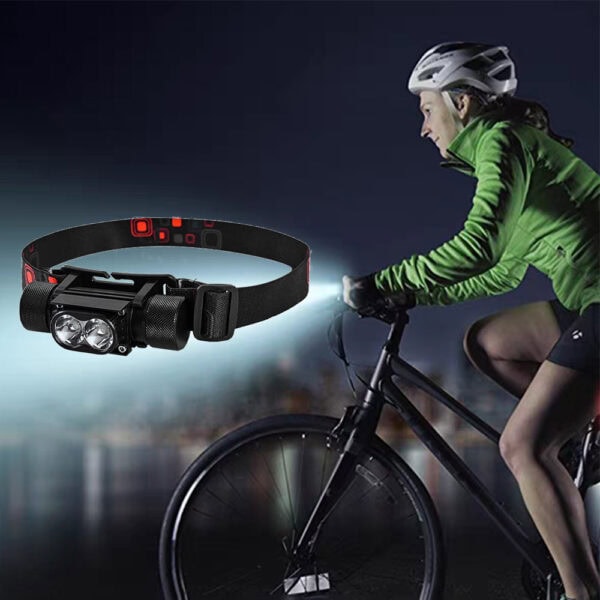 Bright LED headlamp for cycling, outdoor adventures, and nighttime activities, adjustable strap, waterproof, lightweight, high-performance, rechargeable, ideal for cyclists and outdoor enthusiasts.