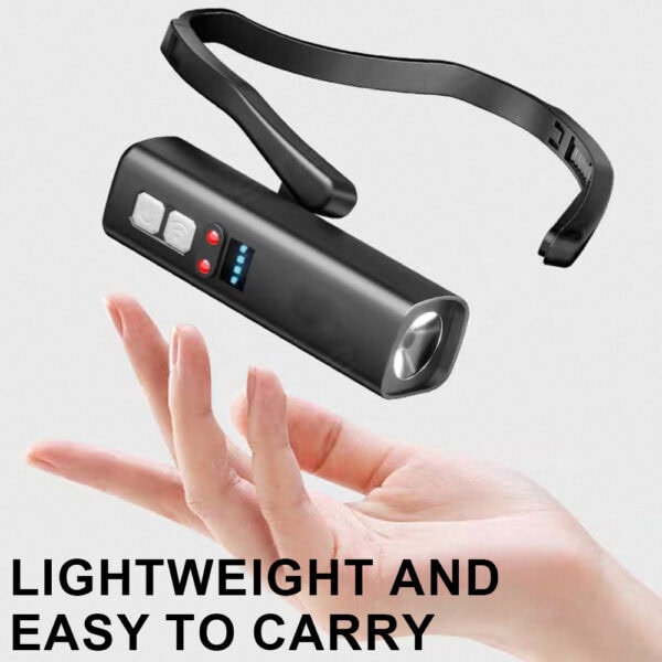 Compact LED headlamp with adjustable strap, lightweight design, and rechargeable battery for outdoor activities, camping, hiking, and running.