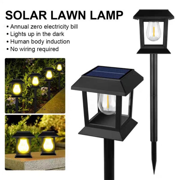 Solar lawn lamp with solar panel and LED bulb for outdoor landscape lighting, energy-efficient garden solar light, no wiring required, human body induction, eco-friendly path lighting.