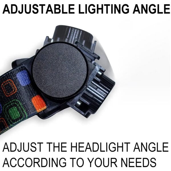 Adjustable headlamp with flexible strap and multiple lighting angles for outdoor activities and hiking.