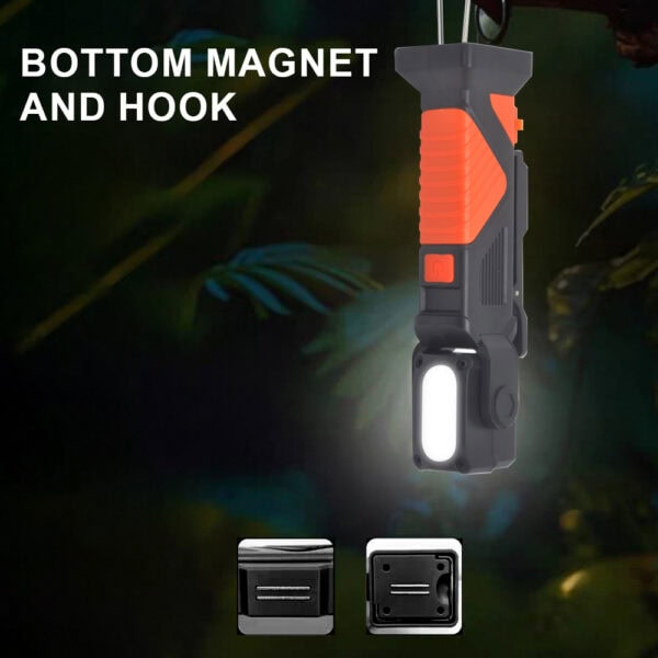 Rechargeable work flashlight with magnetic bottom, hook for hands-free illumination, durable design, ideal for outdoor and construction use.