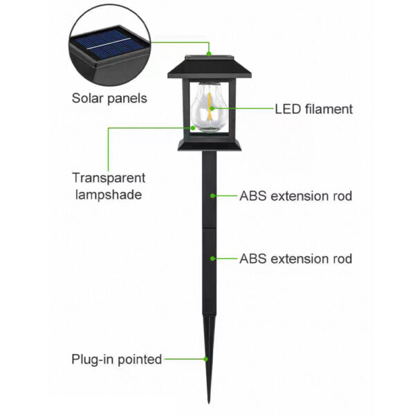Solar-powered outdoor garden lamp with LED filament, transparent lampshade, ABS extension rod, and solar panels for energy efficiency. Perfect for pathway or landscape lighting.