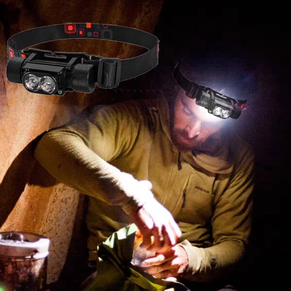 LED headlamp with adjustable strap for outdoor camping and hiking activities, providing hands-free illumination in dark environments. Perfect for night exploration, running, or emergency use.