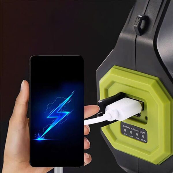 Fast charging electric vehicle charger with smartphone connection and battery status indicator.