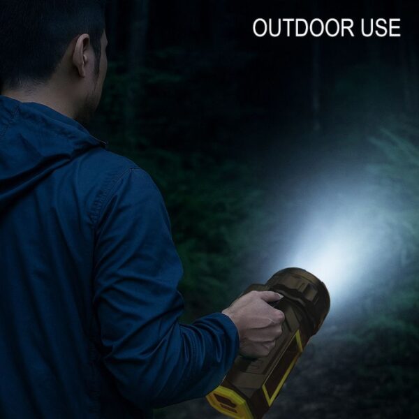 Waterproof outdoor flashlight in use during night hiking or camping.