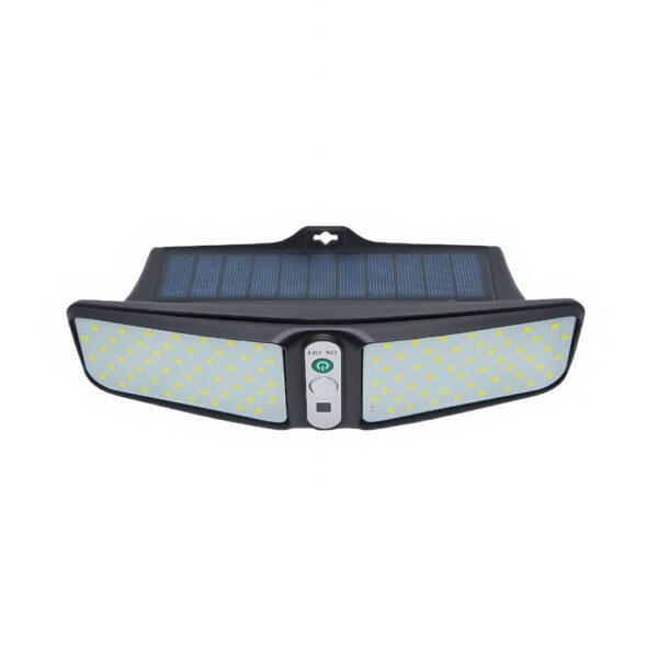 Solar-powered LED outdoor security floodlight with adjustable brightness and motion sensor.