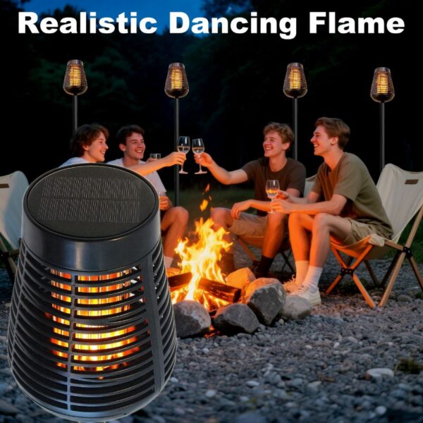 Vivid nighttime scene of four friends enjoying a cozy outdoor gathering around a campfire with portable heater, lanterns, and drinks under a dark sky, emphasizing relaxation and outdoor ambiance.