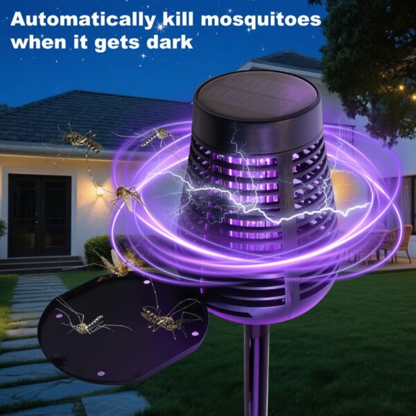 High-tech mosquito killer lamp with purple UV light emitting electrical arcs, effectively attracts and eliminates mosquitoes outdoors at night. Earthen backyard with a house and trees in the background.