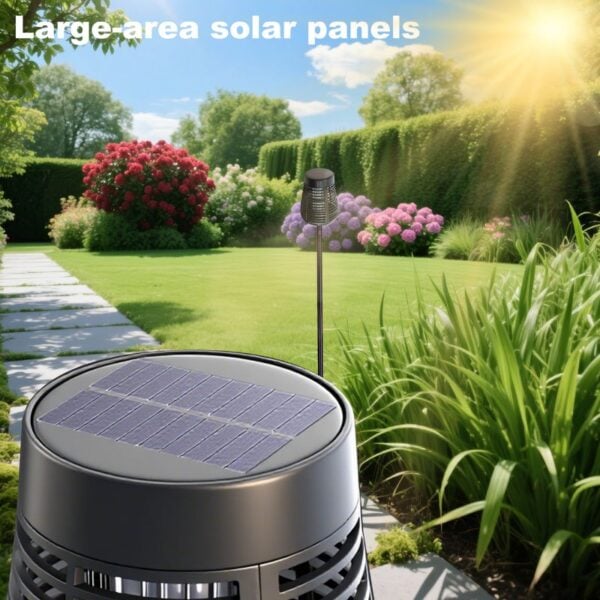 Solar-powered landscape lighting with large-area solar panels in a lush garden | Eco-friendly solar garden light with solar panel and adjustable LED spotlight in a vibrant outdoor setting | Brighten up your garden with energy-efficient solar landscape lights featuring large solar panels for optimal sunlight collection.