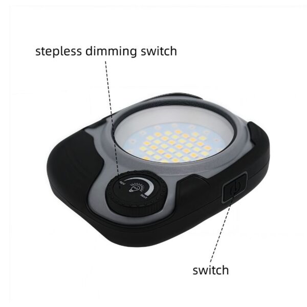 Bright LED work light with stepless dimming switch for adjustable brightness. Compact, portable design ideal for outdoor activities, camping, and emergency lighting solutions.
