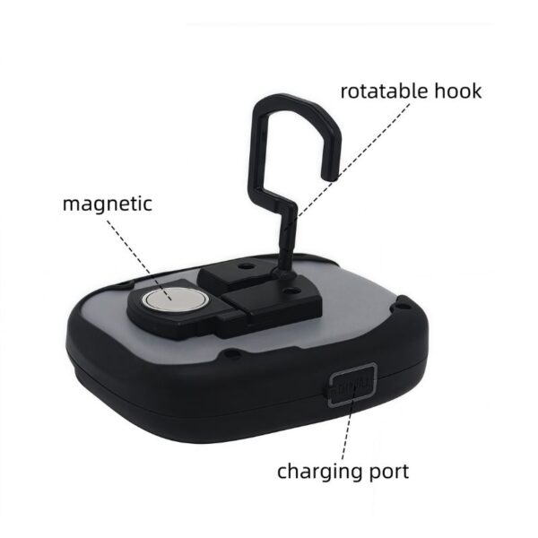 Compact remote control device with magnetic attachment, rotatable hook, and charging port - ideal for home automation and smart device control.