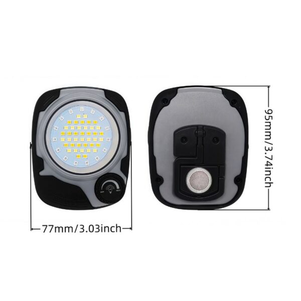 High-power LED work light with rechargeable battery and compact design, ideal for outdoor and emergency use, measuring 77mm by 95mm for versatile illumination solutions.