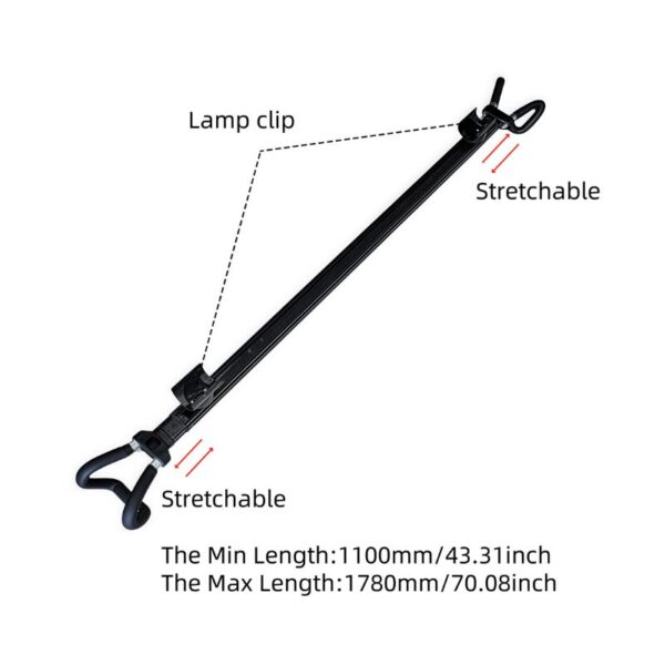 Black adjustable fitness resistance band with stretchable handles and lamp clips, ideal for strength training and physical therapy, featuring a flexible length from 43 to 70 inches.