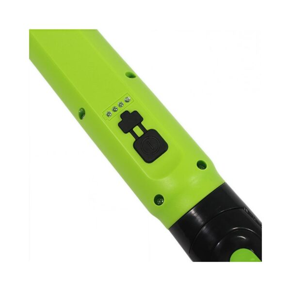 Battery compartment of a green power tool, showcasing rechargeable battery and connection port for cordless device operation.