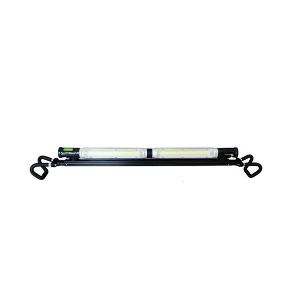 Rechargeable work light with dual LED bulbs, portable design, ideal for professional and workshop use, bright and energy-efficient lighting solution.