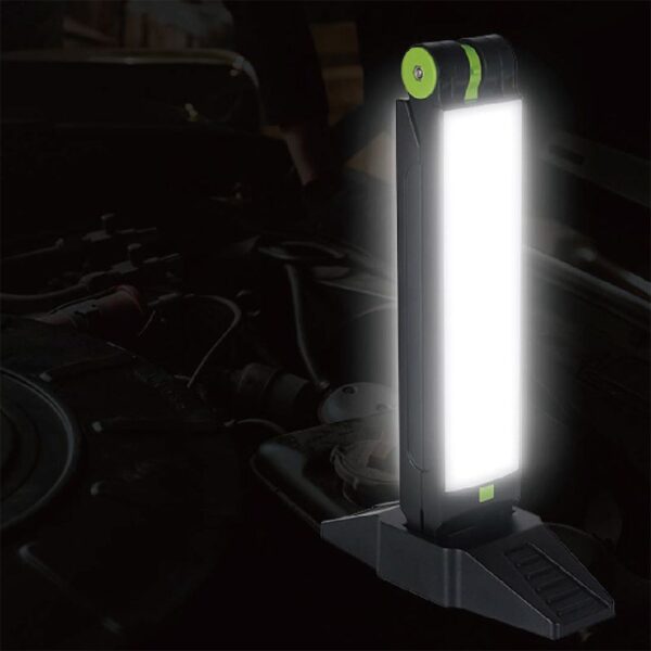 Rechargeable LED work light for automotive repair, portable and bright, ideal for mechanic workshops and car maintenance. High-intensity illumination for precise work in dark engine bays.