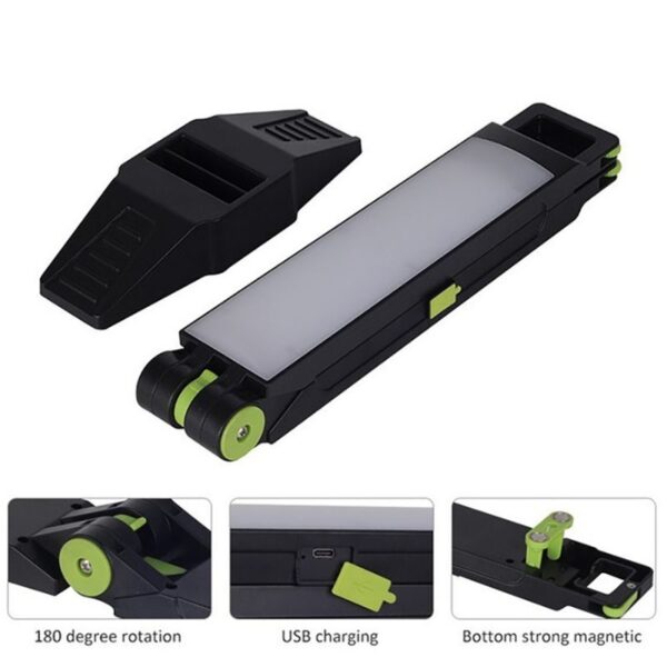 Flexible portable LED work light with magnetic base for hands-free illumination, USB charging, 180-degree adjustable head, ideal for workshops, repairs, and outdoor tasks.
