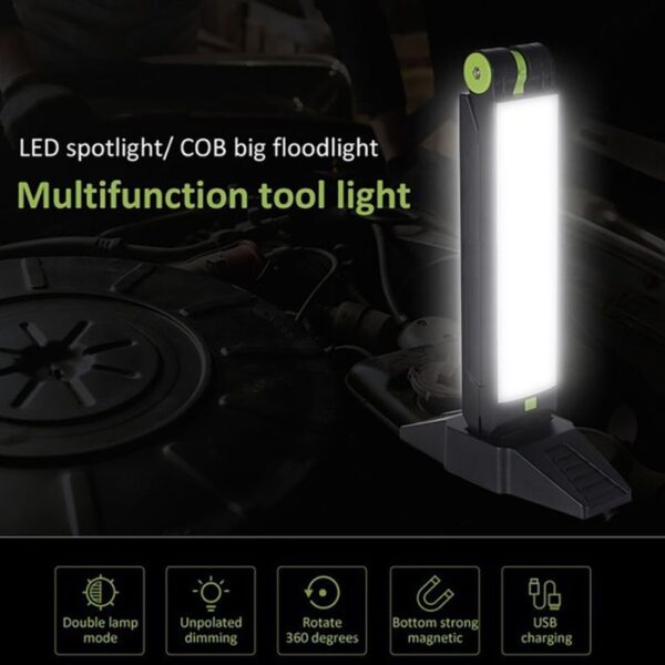 LED work light for automotive, camping, or workshop use with multifunction features including COB floodlight, 360° rotation, magnetic base, rechargeable via USB, and dual lamp mode.